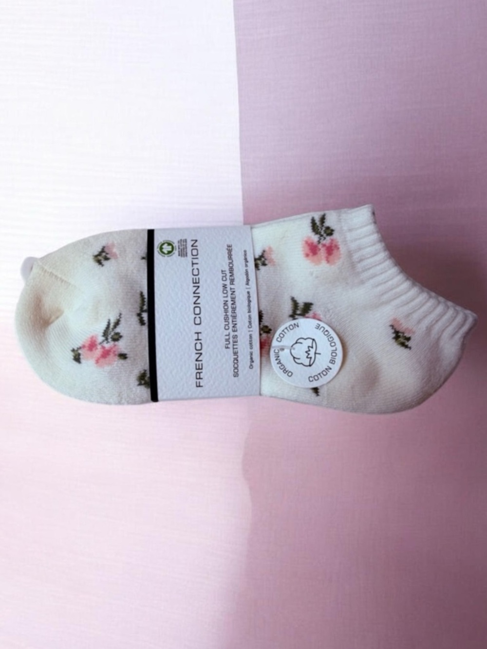 French Connection White Low-Cut Socks with Pink Floral Detail, beige,white